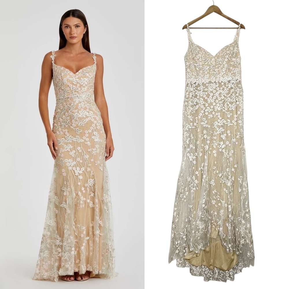 Mac Duggal Cream Floral Lace 12 Beige Embroidered Tulle Trumpet Gown Nude